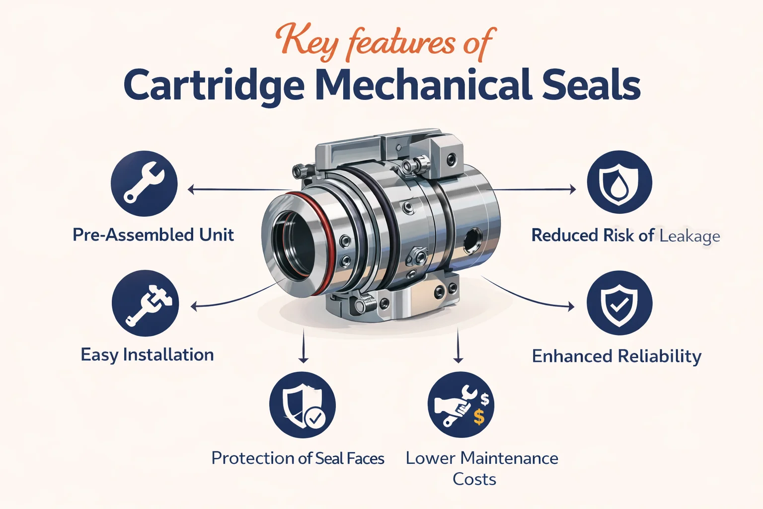 Cartridge mechanical seal showing preassembled factory-set design.