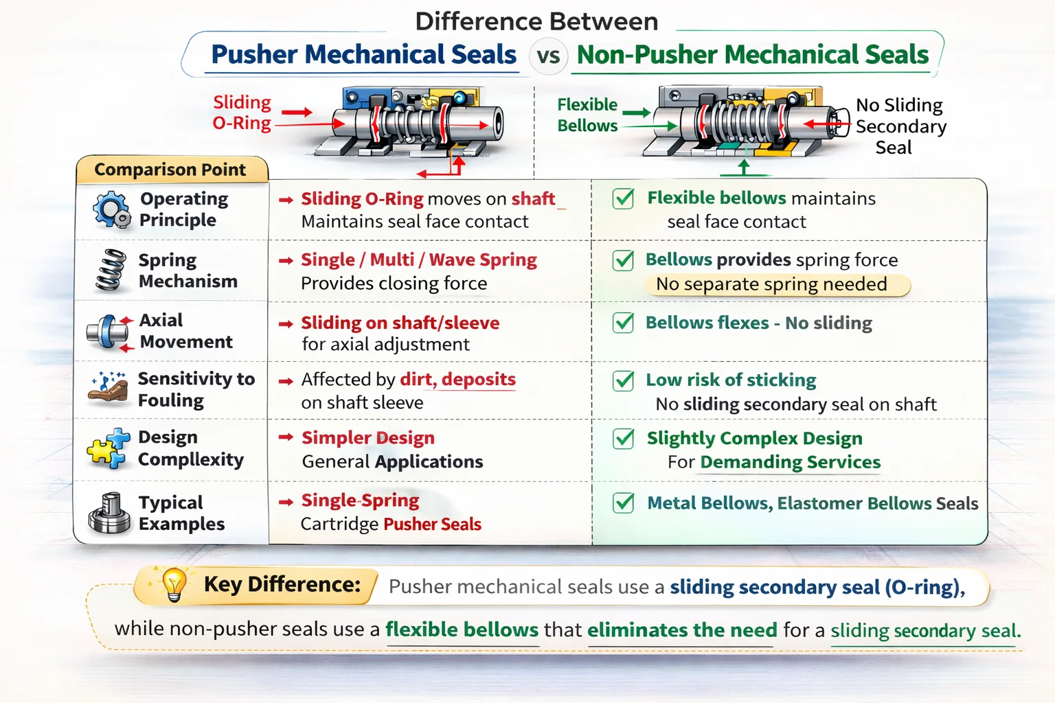 Difference between pusher and non-pusher mechanical seal showing bellows and O-ring.