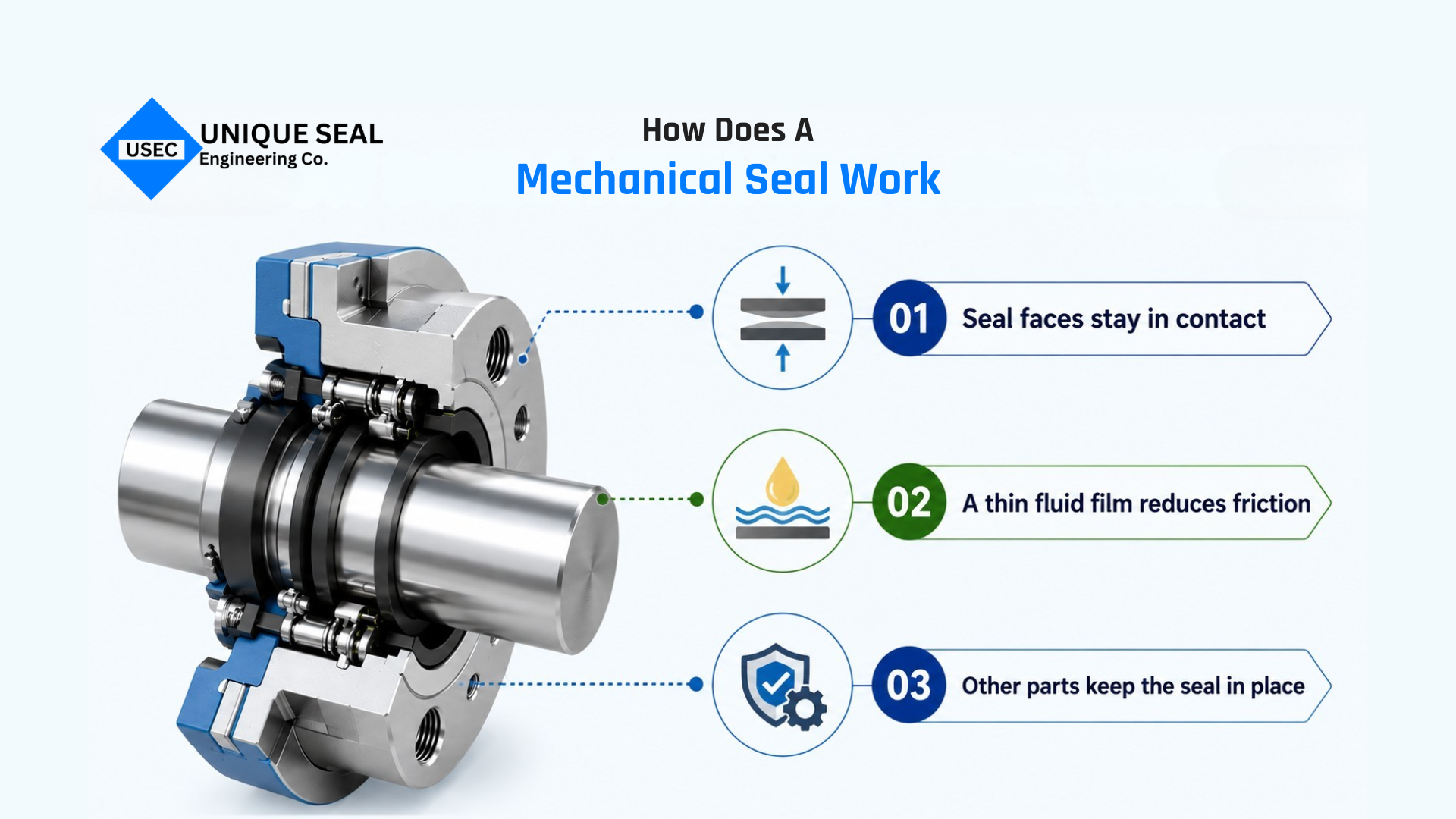 Mechanical seal working in a pump to prevent fluid leakage.