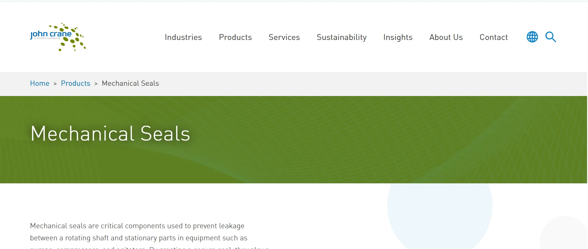 Mechanical sealing technology supplied by John Crane for pumps and process industry equipment.