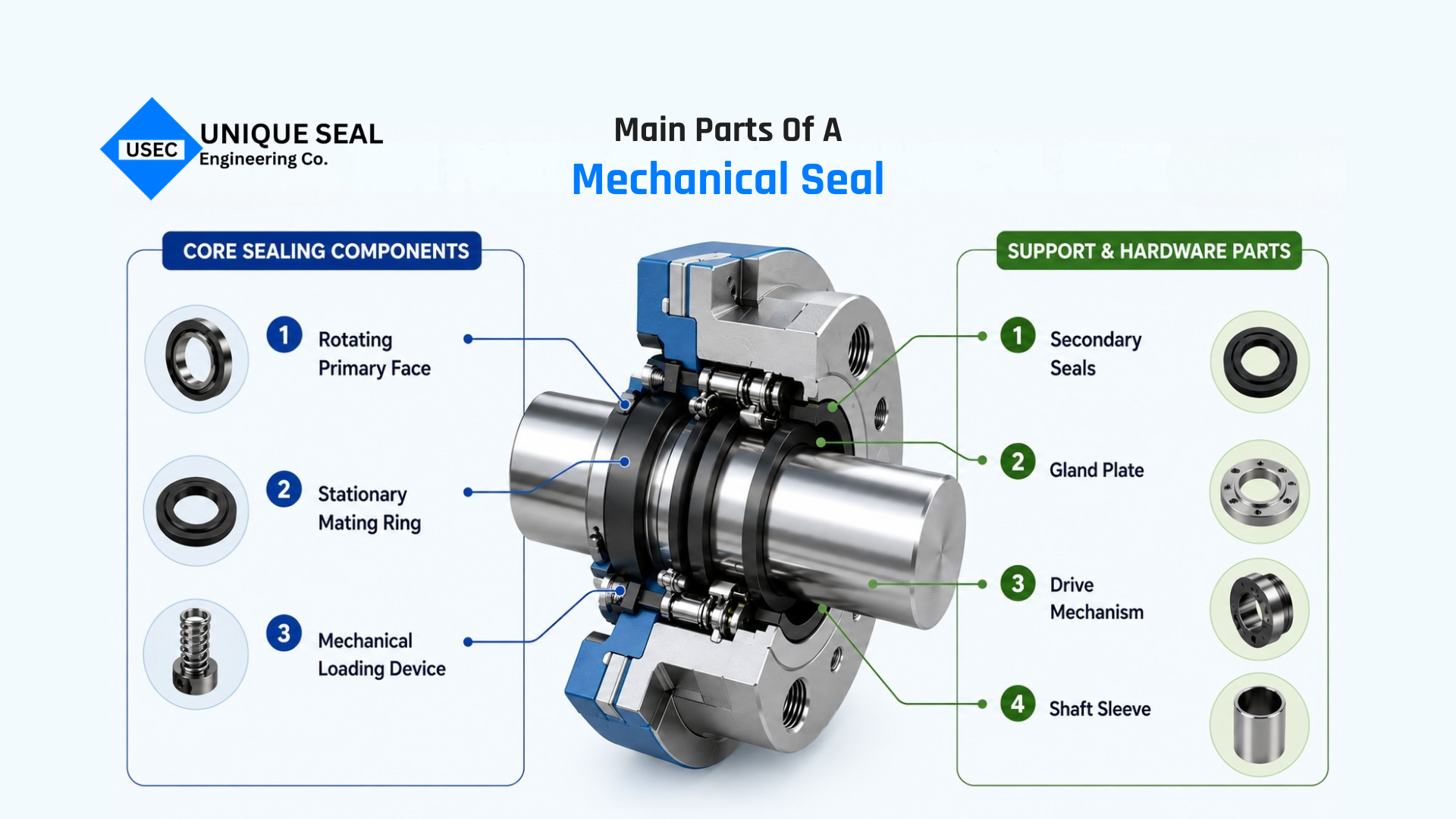 Main parts of a mechanical seal used in a pump.