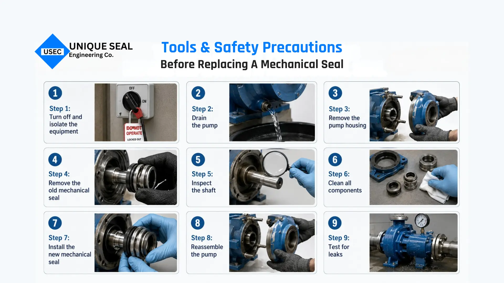 Steps for mechanical seal replacement in a centrifugal pump.