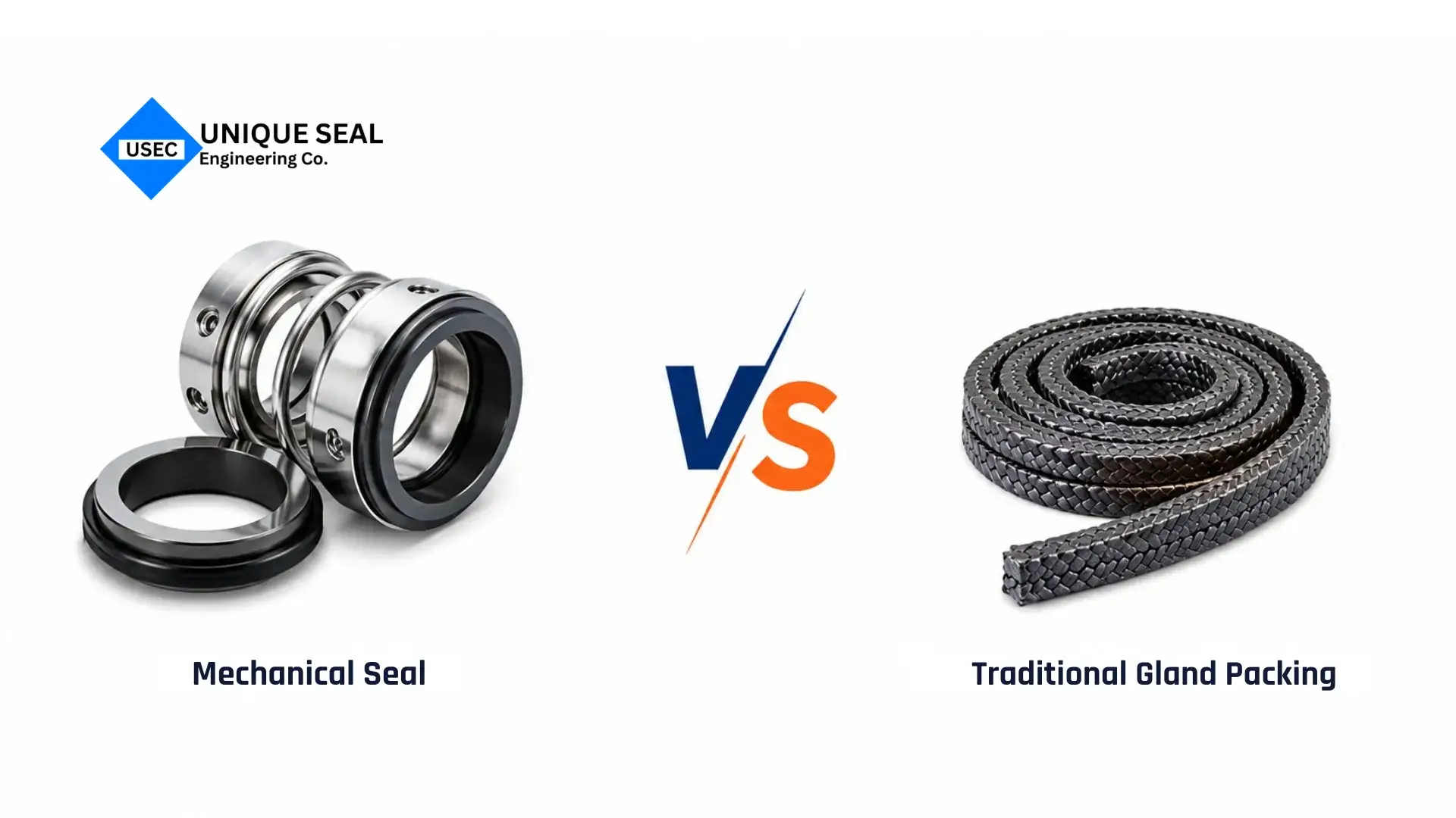 Mechanical seal and traditional gland packing comparison for industrial sealing applications.