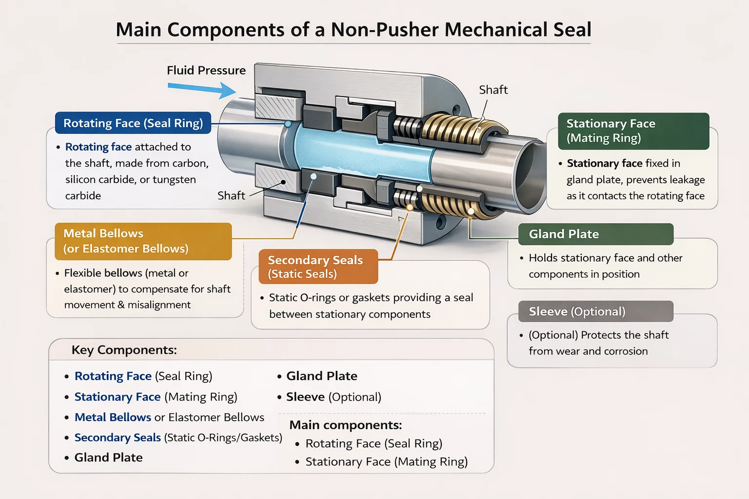 Main components of non-pusher mechanical seal including bellows, seal faces, and sleeve.