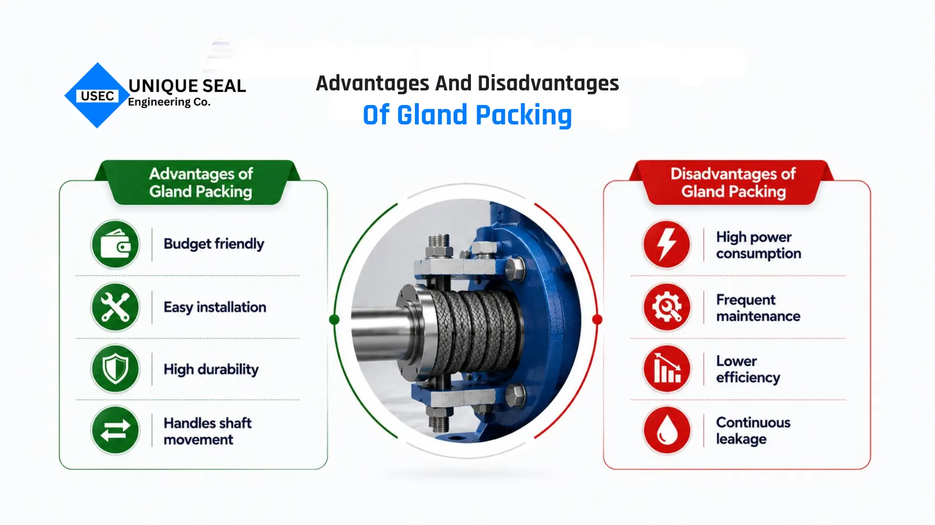 Advantages and disadvantages of gland packing compared with a mechanical seal.