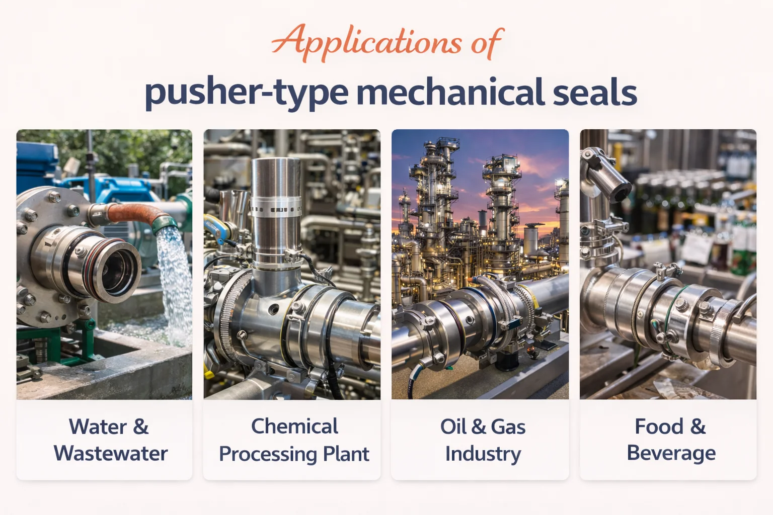 Pusher type mechanical seal installed on industrial equipment to stop fluid leakage.
