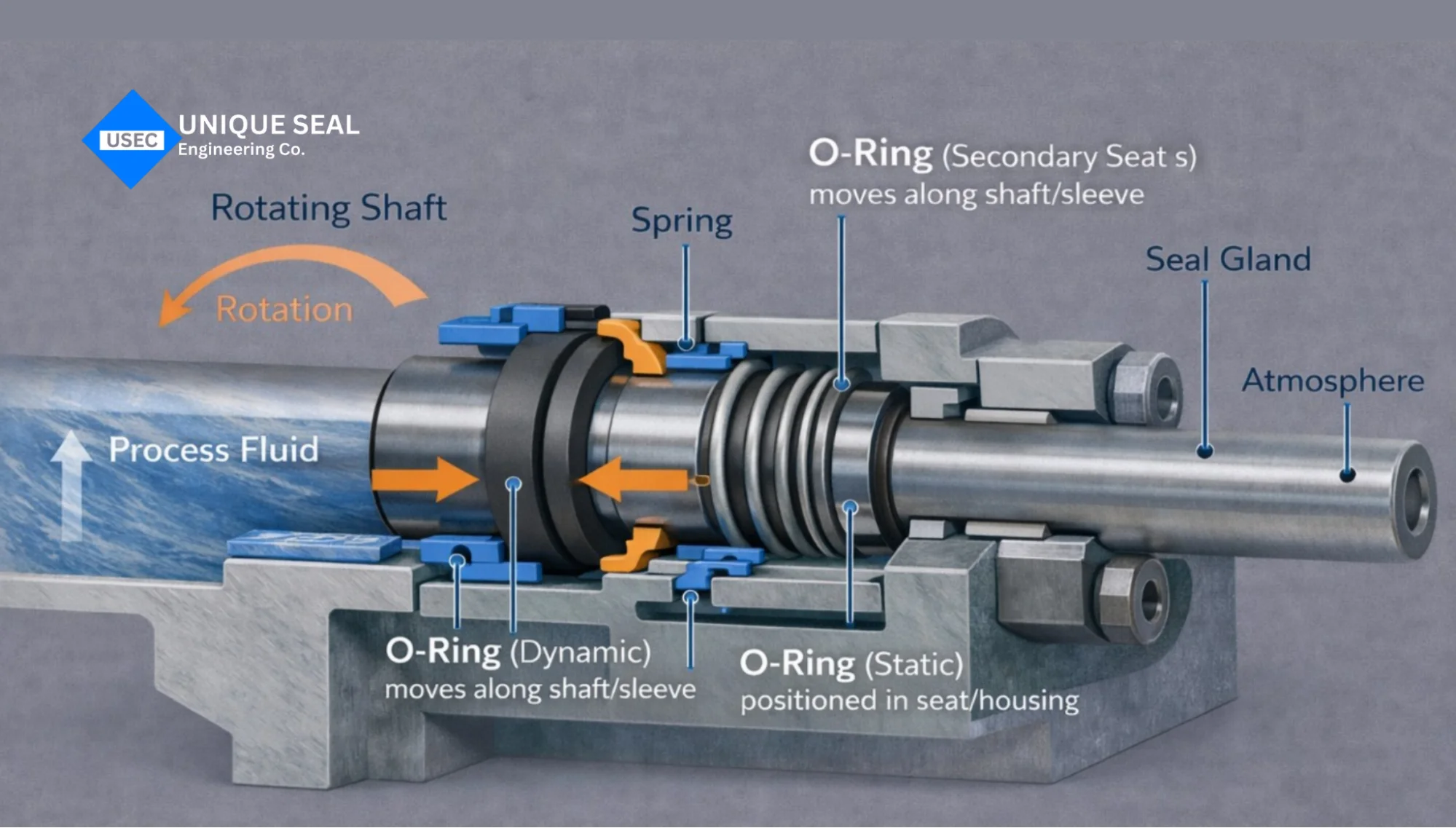 Pusher type mechanical seal working with spring pressure maintaining seal face contact.